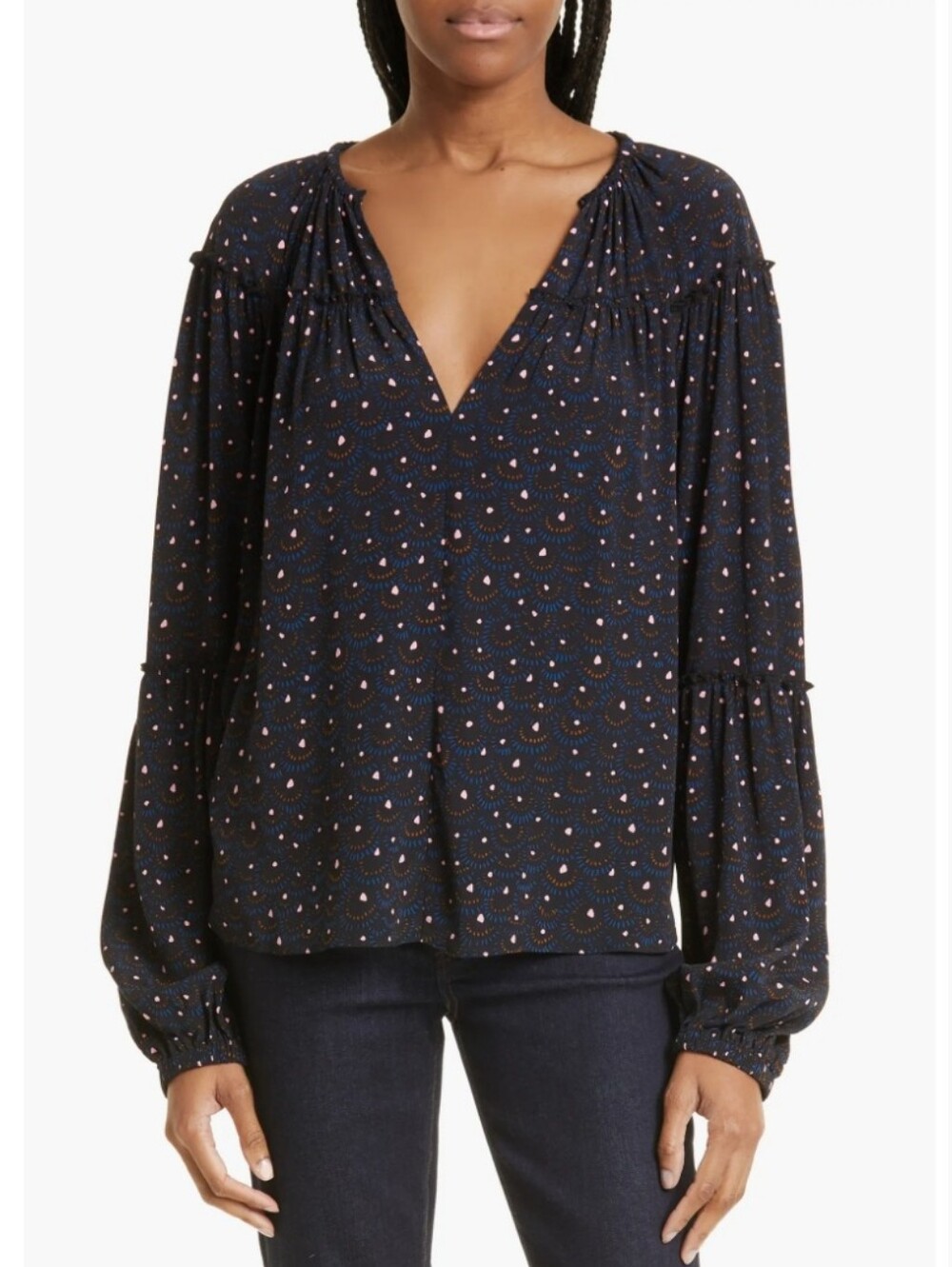 NEW A.L.C. Jenna Abstract Peasant Multi Print Top Long Sleeve Viscose Sz 10